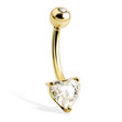 14K Yellow Gold Belly Button Ring with Heart-Shaped Stone And Jeweled Top Ball