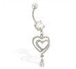 Belly ring with dangling jeweled double hearts with tiny CZ