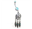 Double jeweled aqua belly ring with dangling indian face coin and feathers