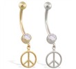 14K Yellow Gold belly ring with dangling peace sign