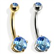 14K Gold Double Jeweled Belly Ring, Blue Zircon