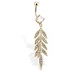 Gold Toned Belly Ring With CZ Gem Paved Leaf