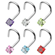 Stainless steel nose screw with 3mm square gem, 18 ga