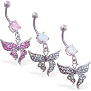Belly ring with dangling pave jeweled elegant butterfly