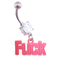 Jeweled belly ring with dangling red "F..k"