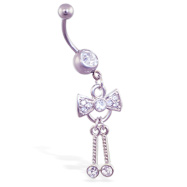 Navel ring with dangling jeweled bow and dangles
