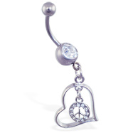 Belly ring with dangling hollow heart and peace sign