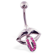 Lips belly ring with pink jeweled tongue dangle