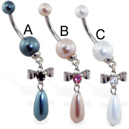Pearl navel ring with dangling jeweled bow and pearl