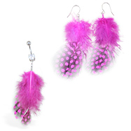Pink Polka dot Feather Belly Ring and Earring Set