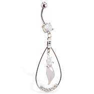 Navel ring with large dangling teardrop and cat