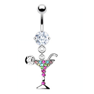 Navel ring with dangling multi-colored jeweled martini