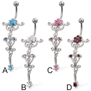 Jeweled belly button ring with flower and dangling charm