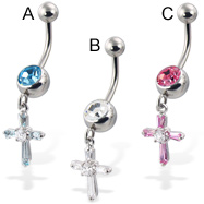 Belly button ring with dangling jeweled cross
