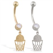 14K Gold jeweled belly ring with dangling basketball and net charm
