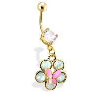 Gold Tone Belly Ring with Dangling Flower And Butterfly